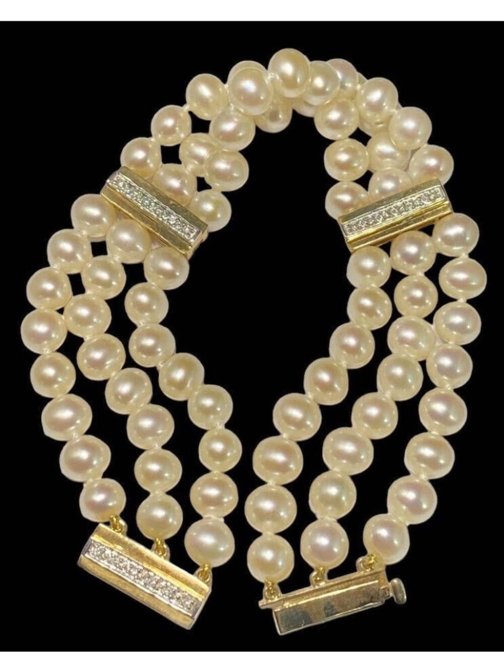 14k Gold Pearl And Diamond Spacer Bracelet 3 Rows Knotted 7.5 inches 18 Diamonds